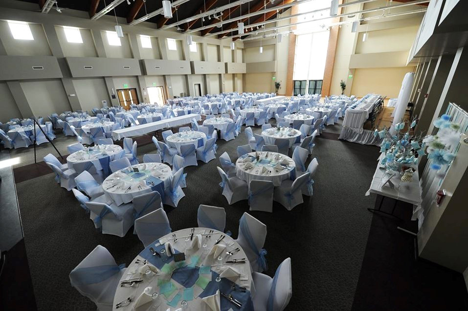 Parish Hall Rental space with tables and decorations for wedding reception